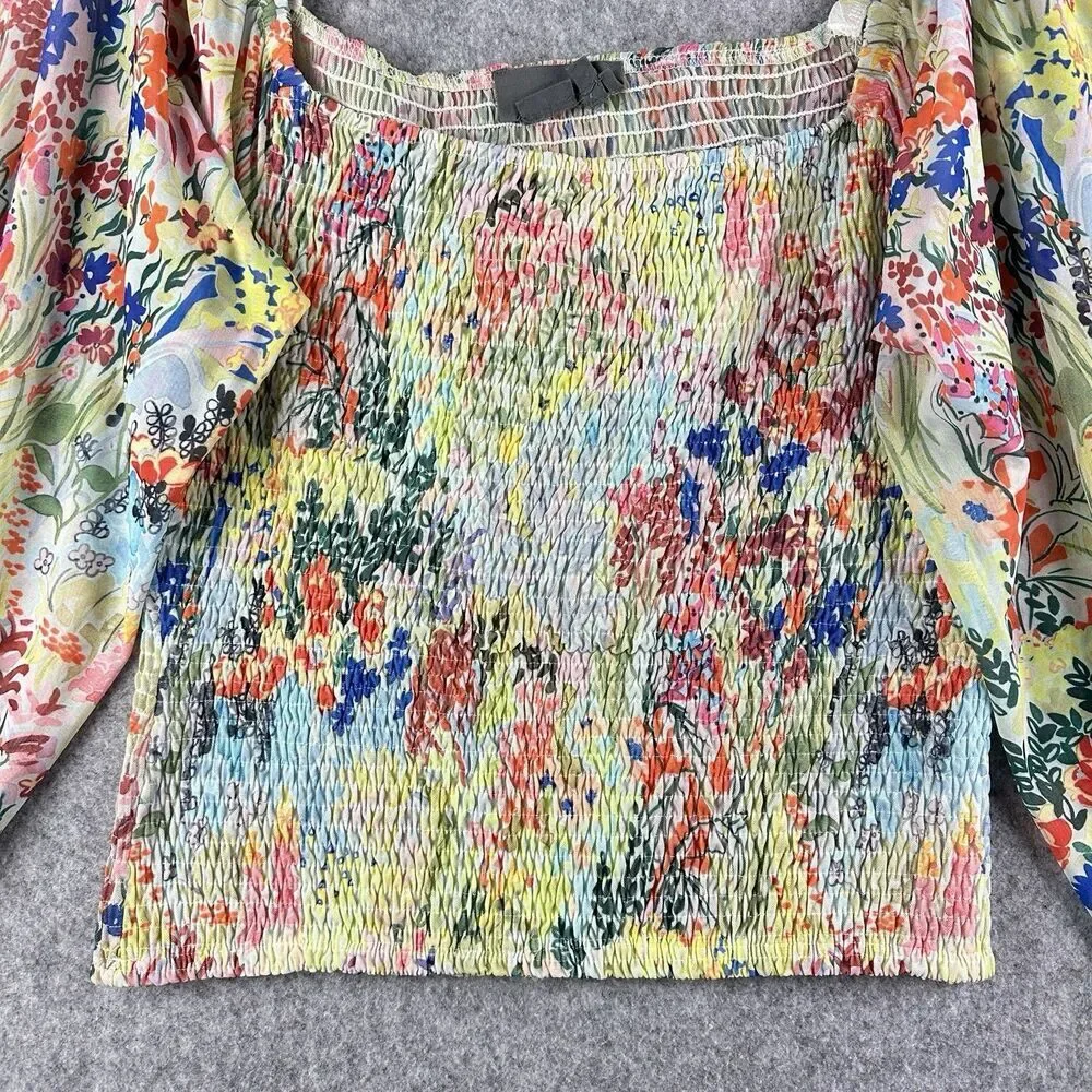 Anthropologie Rouen Smocked Top Womens M Long Sleeve Floral Boho Colorful 2-Way
